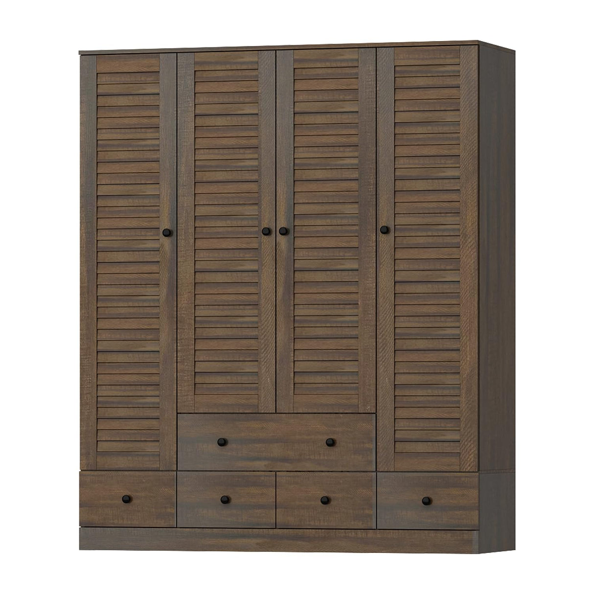 AGOTENI Armoire Wardrobe Closet with 4 Shutter Doors & 2 Hanging Rods, Wooden Clothing Storage Cabinet with 5 Drawers & Shelves for Bedroom, Brown Wood Grain, 19.1" D x 59.1" W x 70.5" H AGOTENI