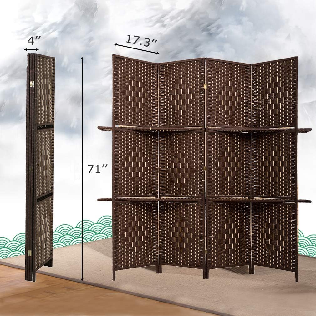 FDW Room Divider 4 Panel Room Screen Divider Wooden Screen Folding Portable Partition Screens Wood with Removable Storage Shelves Color,Brown FDW