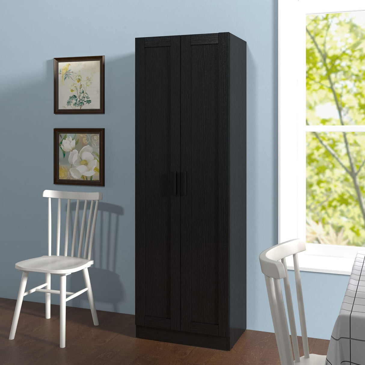 Panana Wooden Tall Storage Cabinet, Collection Food Pantry Cabinet Narrow Cabinet Free Standing with 2 Doors and Shelves (Black-s, 45P) Panana