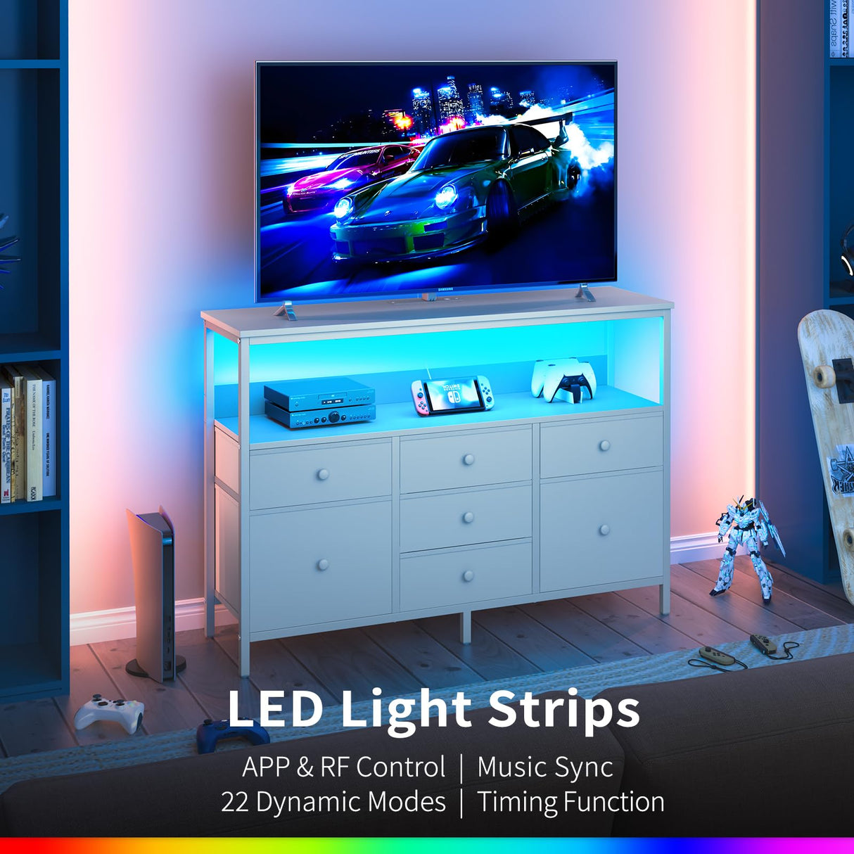 Yoobure LED TV Stand for Bedroom, 50 Inch Kids Dresser with Power Outlets, 7 Drawers Entertainment Center with Storage Shelf, TV Stands Dresser for Bedroom, Living Room, TV Console Entertainment Stand Yoobure