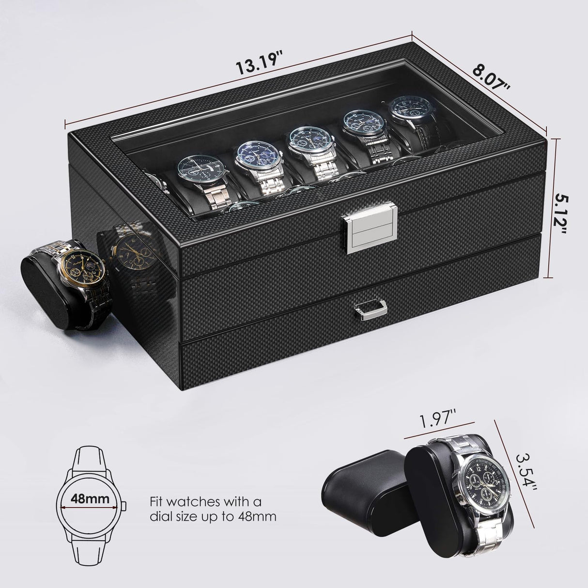 BEWISHOME Watch Case for Men with Drawer Glossy Watch Box Organizer Glass Lid and Paint Surface Men’s Jewelry Organizer 12 Slot Watch Holder Display Case Men Gifts SSH02A BEWISHOME