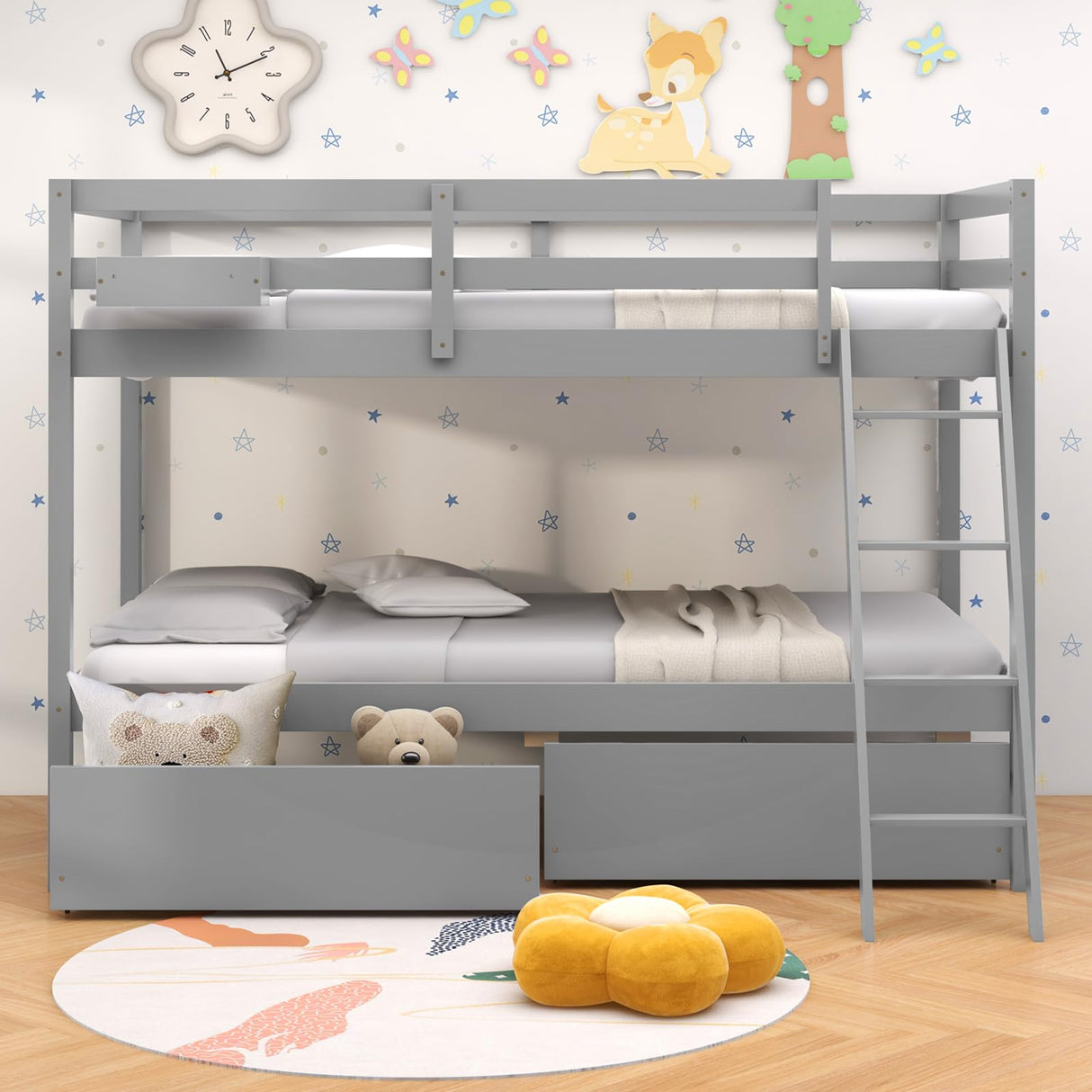 KOTEK Twin Over Twin Bunk Bed with Storage Drawers and Guardrails in Grey KOTEK