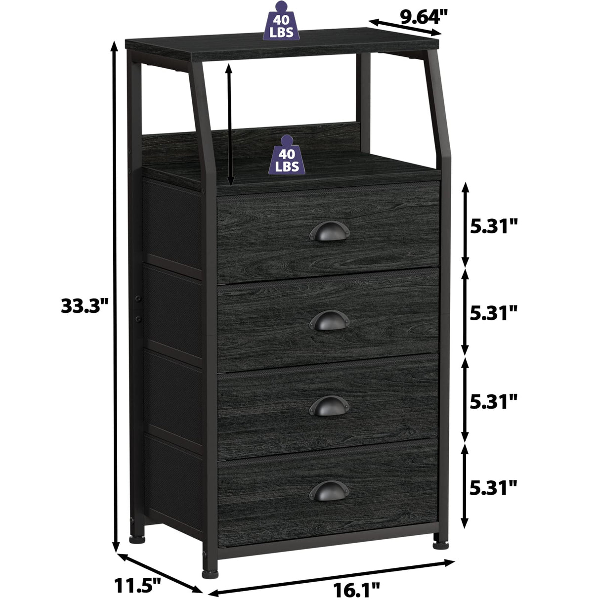 Furnulem Tall 4 Drawers Dresser, Vertical Storage Tower Black Dresser for Bedroom, Hallway, Entryway, Nursery, Closet Organizer, Nightstand Bedside Table Furniture, Sturdy Steel Frame, Wood Top Furnulem