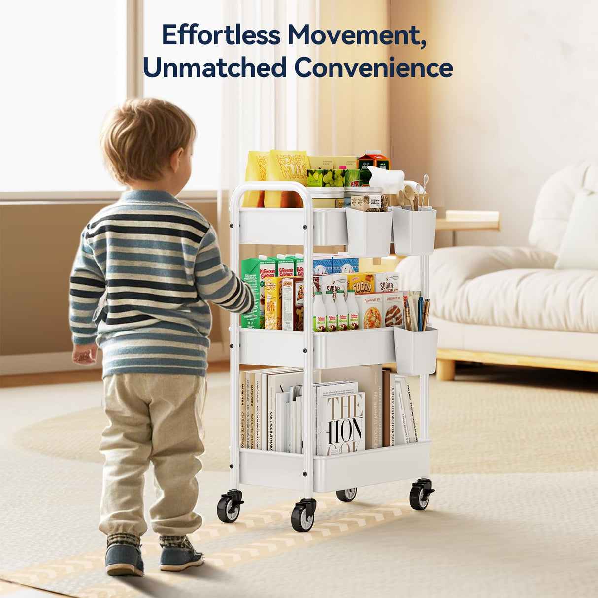 YASONIC Metal 3 Tier Rolling Cart - Heavy Duty Utility Cart with Lockable Wheels, Hanging Cups, Hooks, Mesh Rolling Storage Cart Craft Cart Organizer, Lightweight and Sturdy, White YASONIC