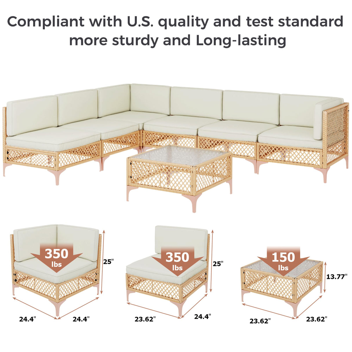 LYNSLIM 7 Piece Outdoor Patio Furniture Set, Wicker Outdoor Sectional Furniture Set, Boho Patio Conversation Sectional Sofa with Large Tempered Glass Coffee Table and Waterproof Cushion for Backyard LYNSLIM
