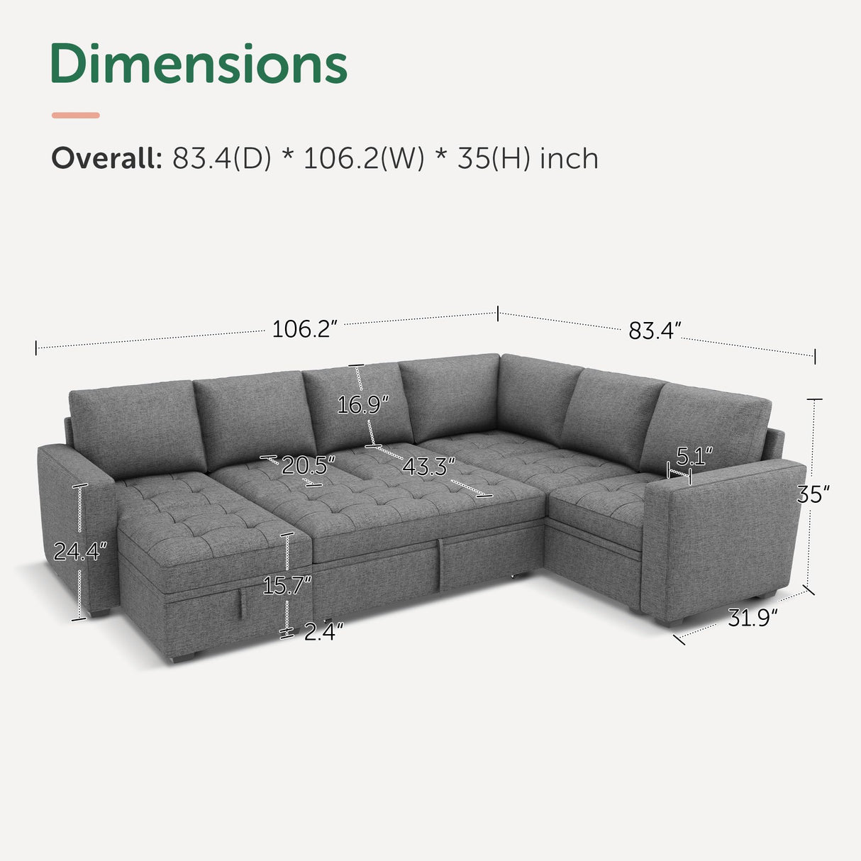 HONBAY Modular Sectional Sleeper Sofa with Pull Out Bed, Convertible L Shaped Sectional Couch with Storage Seat, Sectional Couches for Living Room,Grey HONBAY