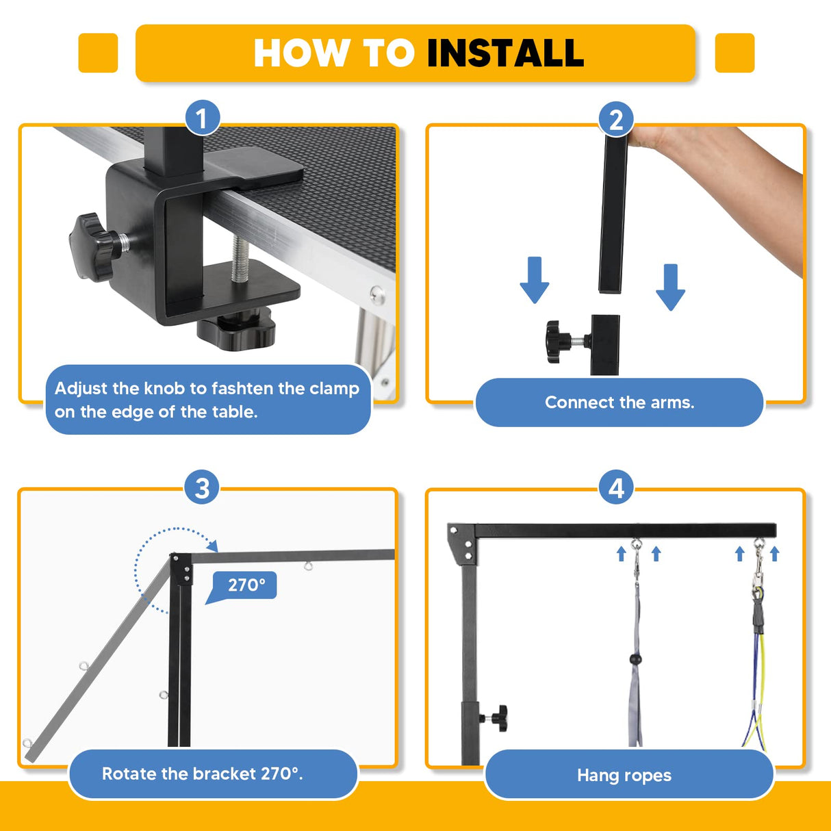 Adjustable Dog Grooming Arms with Anti-Slip Powerful Metal Clamp,Portable Pet Grooming Arm for Table with 1 Loop Noose & Two No Sit Haunch Holder,Grooming Restraint for Small Medium Dogs/Cats at Home Duckygoo
