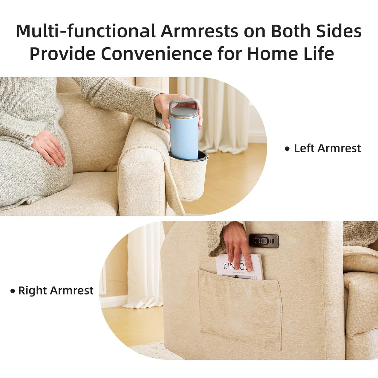 Rhevoy Oversized Swivel Rocker Recliner Chair, 26" Extra Wide Glider Nursery Chair with Adjustable Headrest, Chenille Power Recliner Rocking with Double Cushion, Cup Holder, Beige Rhevoy