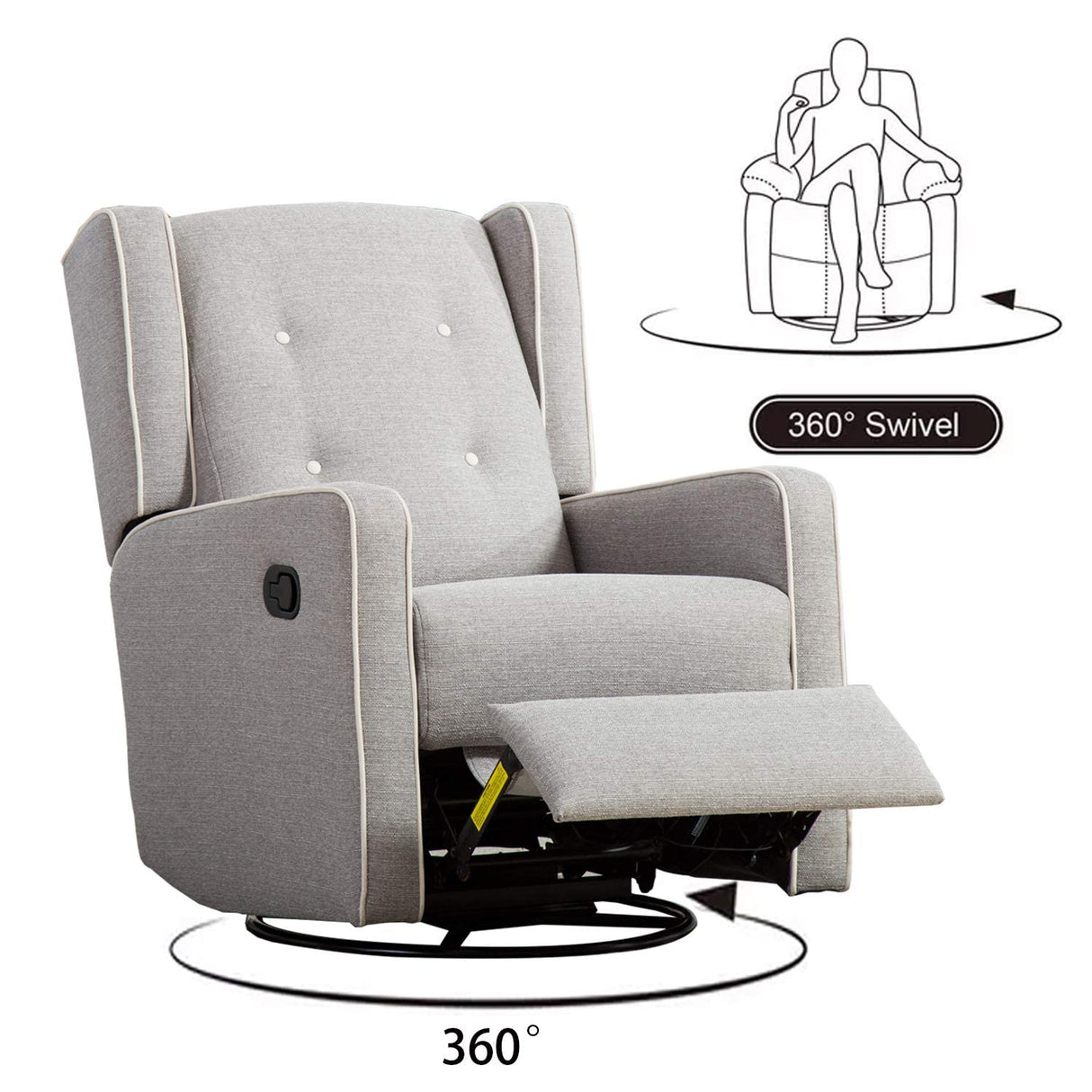 CANMOV Swivel Rocker Recliner Chair, Nursery Glider Chair, Nursery Rocking Chairs, Manual Reclining Chair, Grey CANMOV