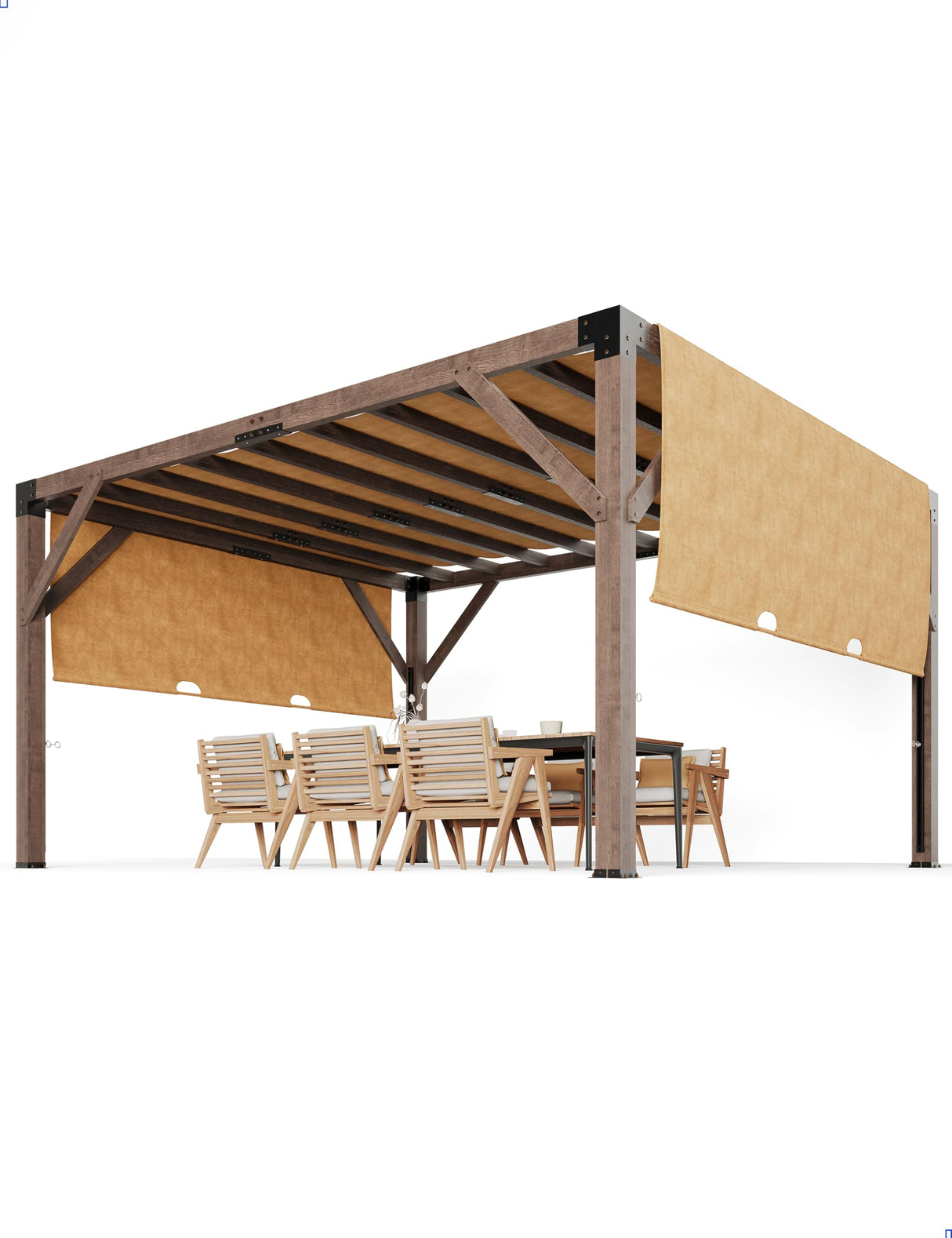 KYBOLT 12 X 14 Ft Wood Pergola with Retractable Sunshade Canopy, Solid Structure, Outdoor Pergola for Backyard, Deck, Garden (Reddish-Brown) KYBOLT