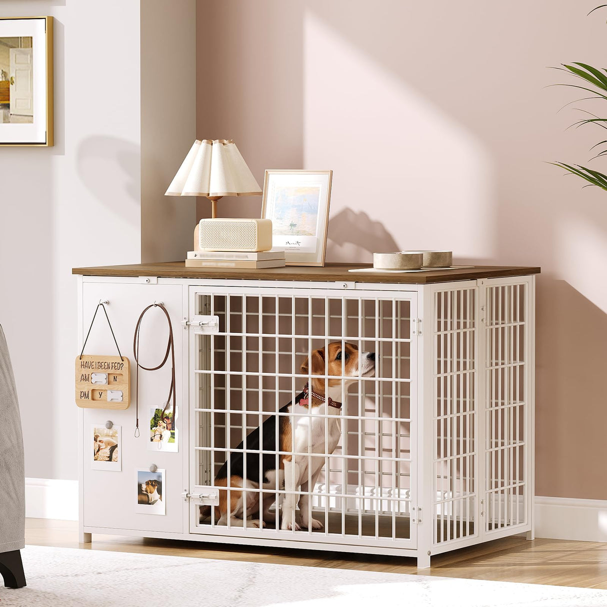 YATINEY Foldable Dog Crate Furniture, Dog Crate with DIY Frame, Heavy Duty Dog Kennel Indoor with Hooks, Wooden Dog Cage End Table, for Small/Medium Dogs, White and Walnut DC95WH YATINEY