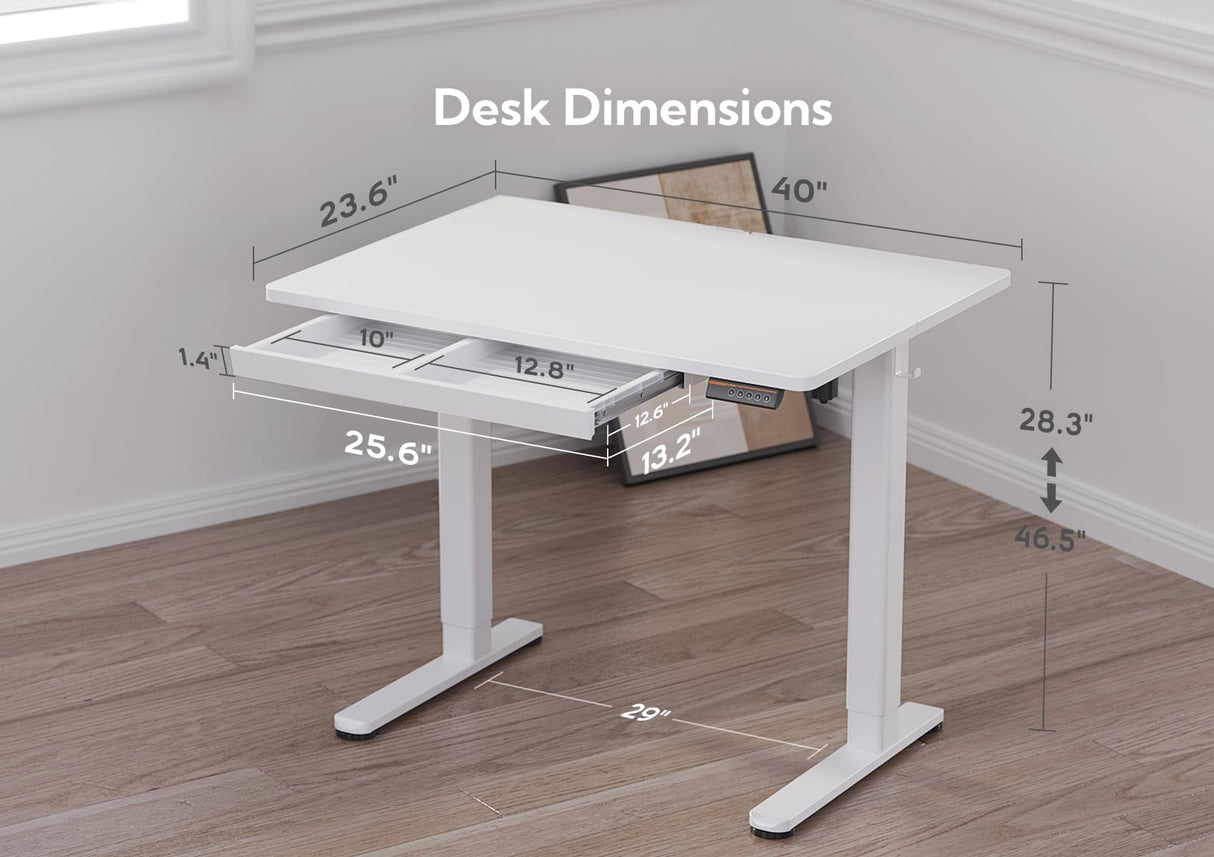 Claiks Standing Desk with Drawers, Stand Up Electric Standing Desk Adjustable Height, Sit Stand Desk Computer Workstation, 40 Inch, White Claiks