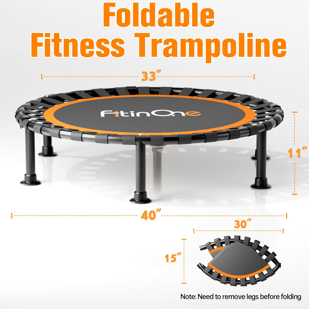 40"/48" Foldable Mini Trampoline Load 450lbs,Portable Exercise Rebounder Trampoline with Adjustable Foam Handle,Fitness Trampoline for Adults and Kids (40 inch Without handrail) FitinOne