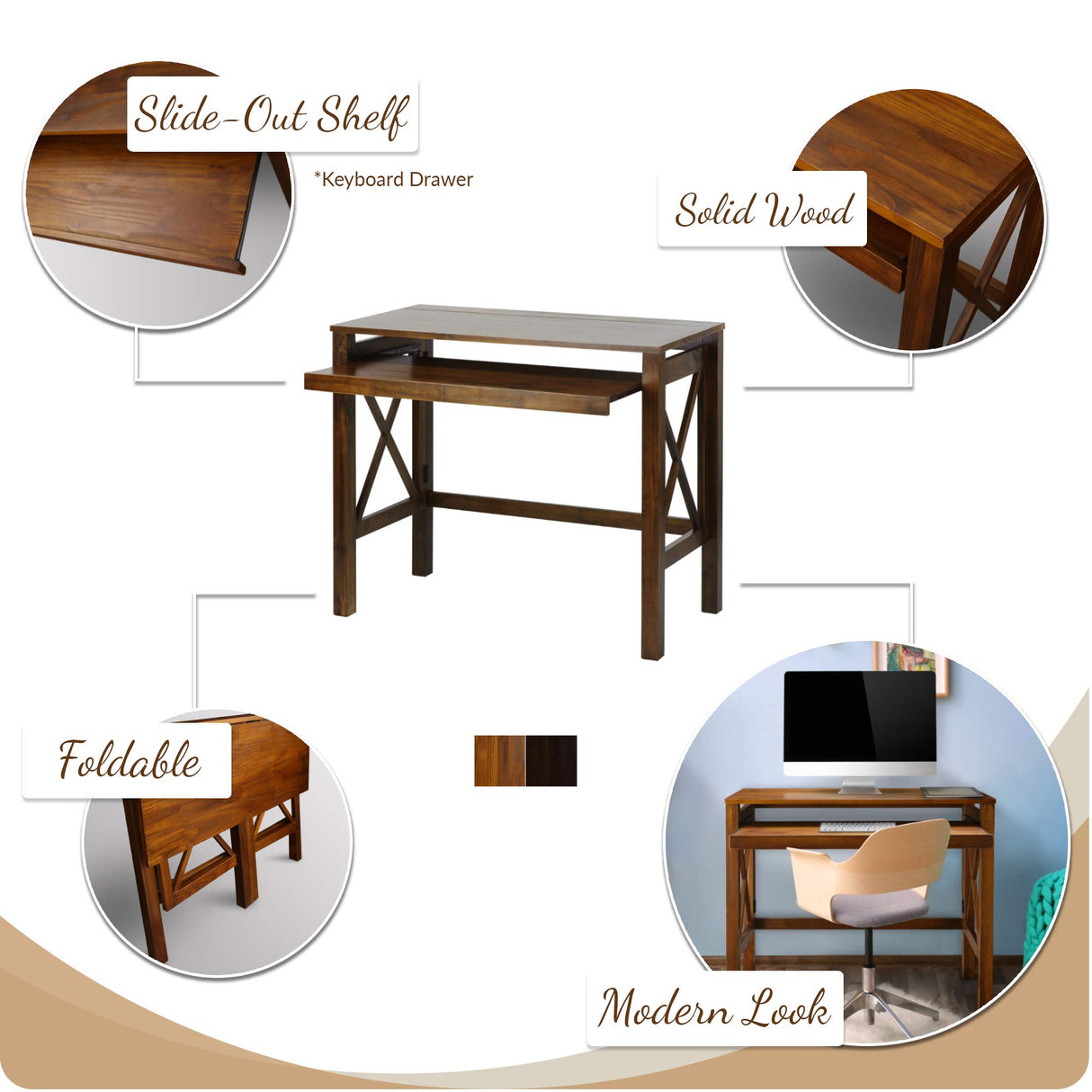 Casual Home Montego Folding Desk with Pull-Out Tray-Espresso Casual Home
