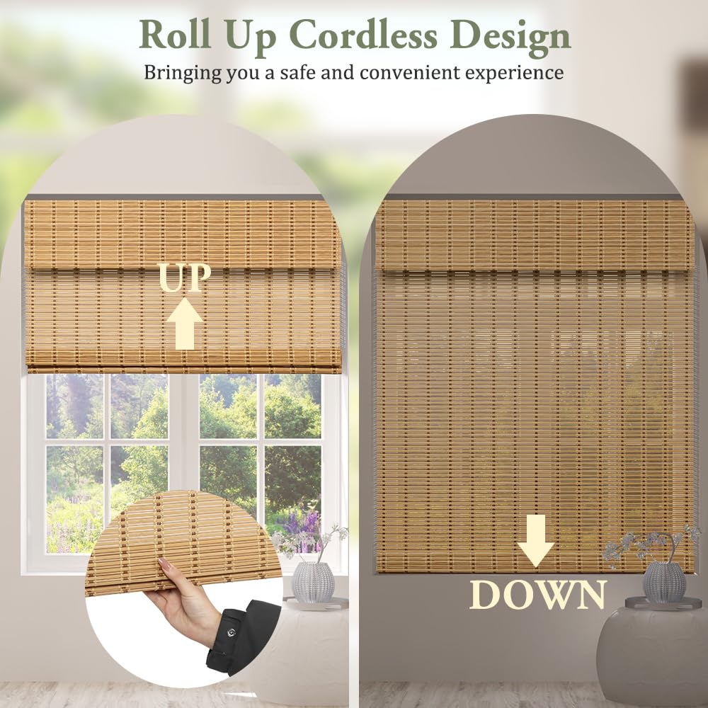 Kokorona Cordless Bamboo Roman Shades with Valance, Light Filtering Bamboo Blinds for Interior Windows, Natural Roll Up Bamboo Shades for Home, Office, Easy Installation, 34" W x 64" H, Natural Kokorona