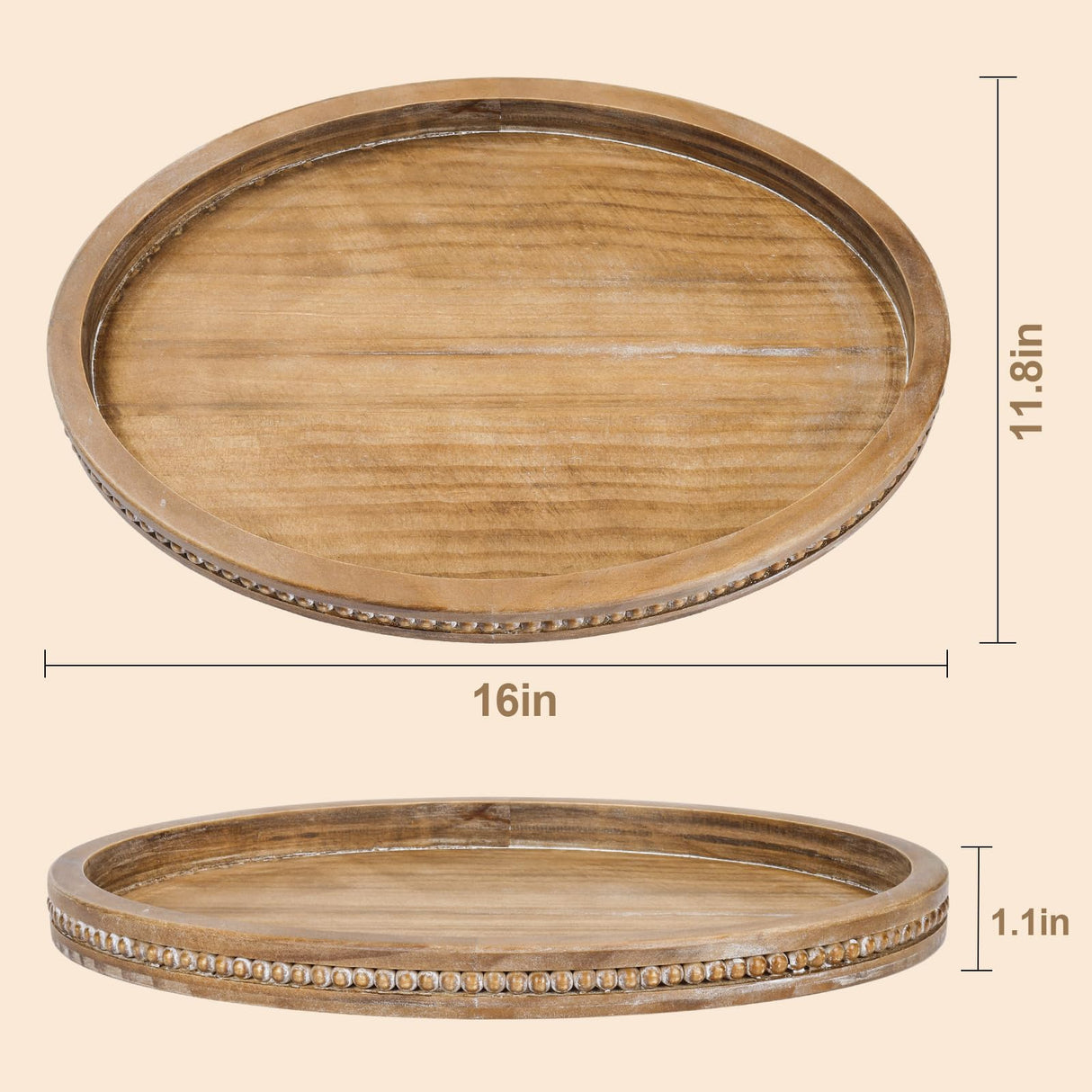 Oval Tray for Coffee Table - 16×11.8in Decorative Trays for Home Decor/w 58in Wood Bead Garland, Coffee Table Trays for Living Room and Kitchen Relaxing Garden