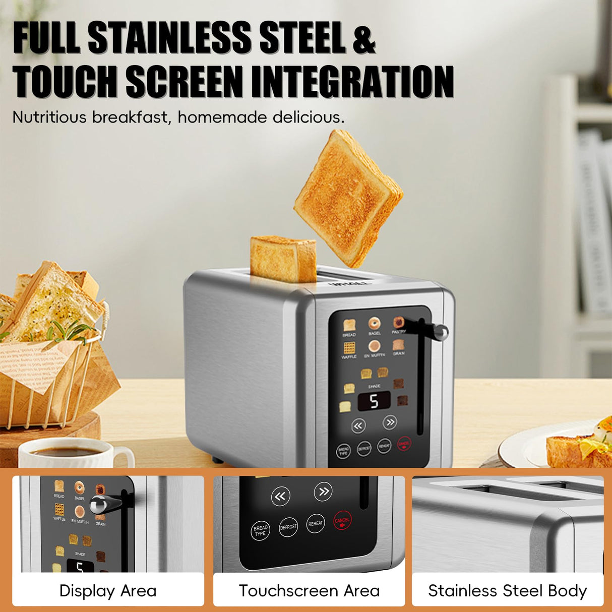 WHALL Touch Screen Toaster 2 Slice, Stainless Steel Digital Timer Toaster with Sound Function, Smart Extra Wide Slots Toaster with Bagel, Cancel, Defrost (silver) whall