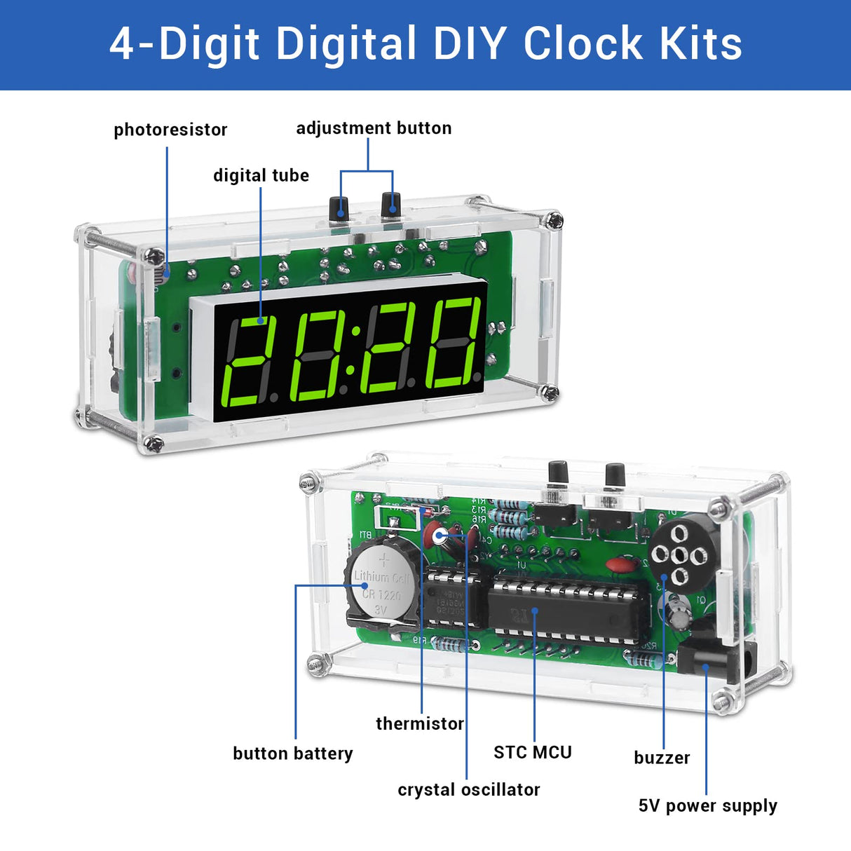 MiOYOOW TJ-56-428 4-Digit Digital DIY Clock Kits with Acrylic Shell, DIY Alarm Clock Soldering Practice Kit for Students and DIYers, DIY Electronics Kit for Learning Electronics MiOYOOW