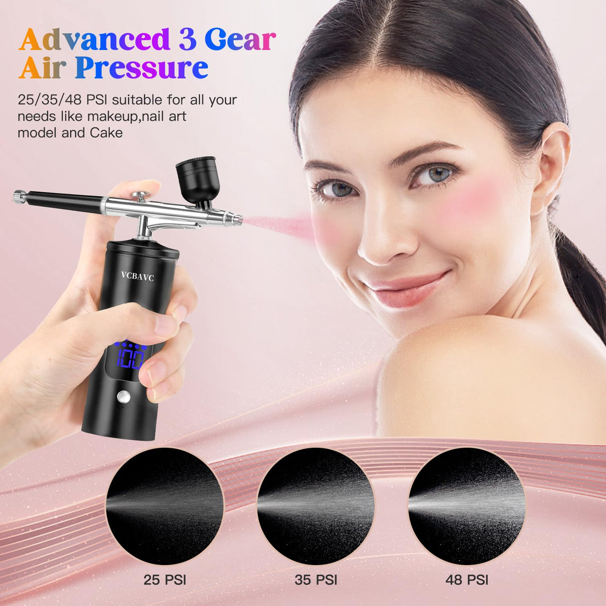 Airbrush Kit with Compressor 48PSI High-Pressure, Non-Clogging Air Brush Set Cordless Rechargeable with 0.3mm Nozzle and Cleaning Brush for Nail Art, Makeup, Painting, and Cake Decorating VCBAVC