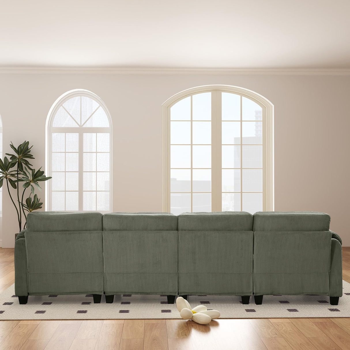 HAOMARKETS 115” Modular Sectional L Shaped Corner Sofa, Corduroy 5-Seater Couches with Thick Cushion for Living Room, Green HAOMARKETS