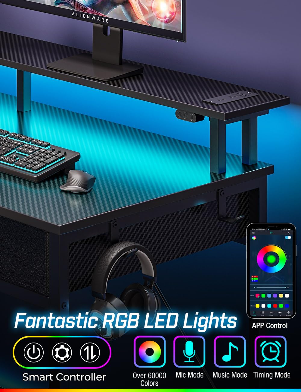 Rolanstar Computer Desk with Power Outlets & LED Light, 55 inch Home Office Desk with 3 Drawers and Storage Shelves, Writing Desk with Monitor Stand, Modern Work Desk for Home Office, Carbon Black Rolanstar