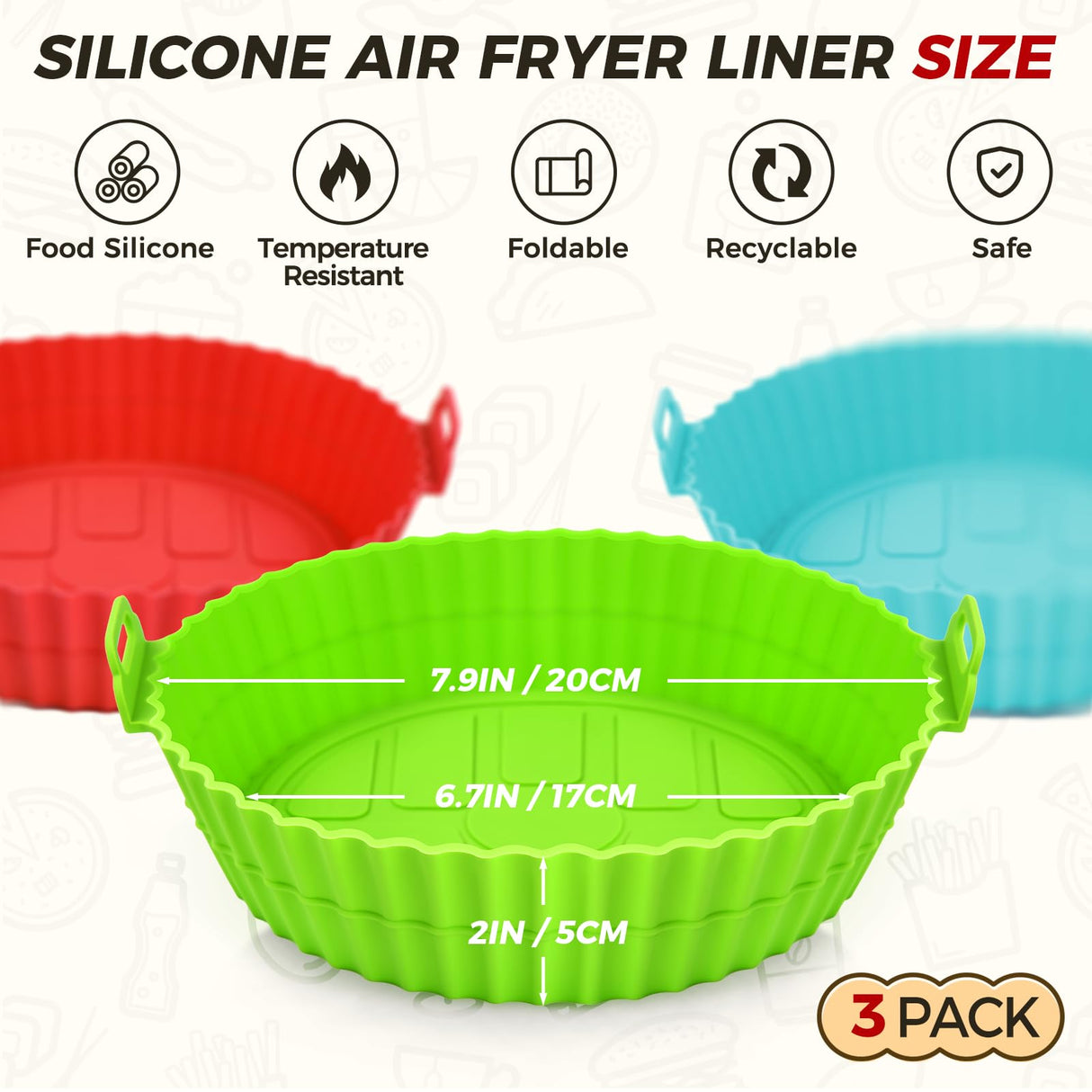 Buauty 3 Pack Air Fryer Silicone Liners 8inch Air Fryer Silicone Pot Reusable Food Grade Silicone Airfryer Liners Baking Basket Accessories Replacement of Flammable Disposable Parchment Paper Buauty
