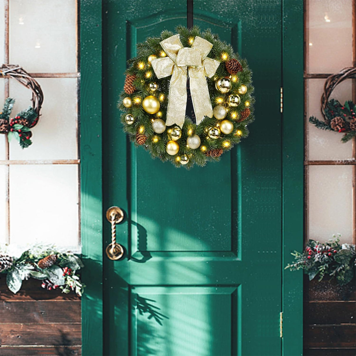 Hausse Lighted Christmas Wreath with Metal Hanger, Pre-lit Xmas Wreath with Large Golden Bow & Balls, 8 Modes & Timer, Battery Operated with 40 Lights, for Front Door Gate Wall Xmas Party Decorations Hausse