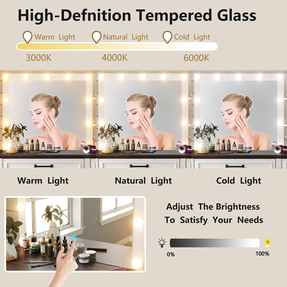 Diwnnue Farmhouse Vanity Makeup Desk, 43" W Vanity Desk with Lights Mirror and Drawers for Makeup, Big Modern Vanity Table Set with Vanity Stool for Bedroom, Antique White Diwnnue