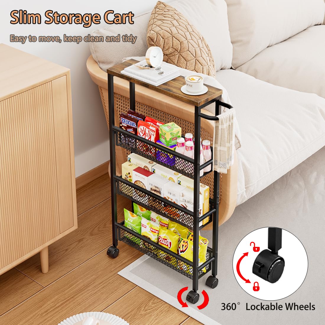 Slim Rolling Cart 4 Tier Narrow Storage Cart on Wheels with MDF Board Top and Metal Handle for Small Space Kitchen Living Room Home Office Pantry Bathroom Laundry Room(16.54×5.12×30.31 inch) AZERPIAN