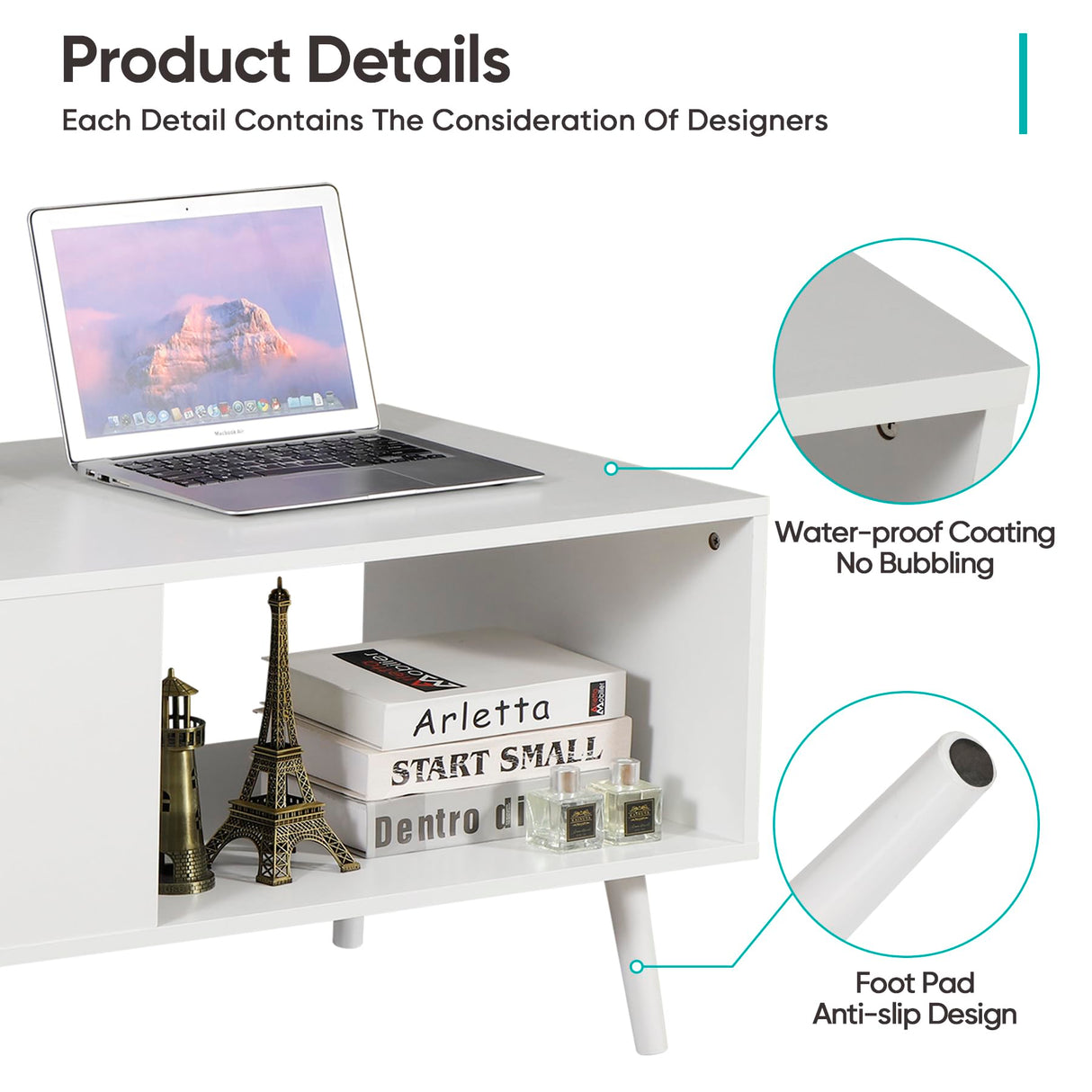 ZenStyle Mid Century Modern Coffee Table, Wooden Retro Coffee Table with Open Storage Shelf for Living Room, Reception, Easy Assembly (White) ZenStyle