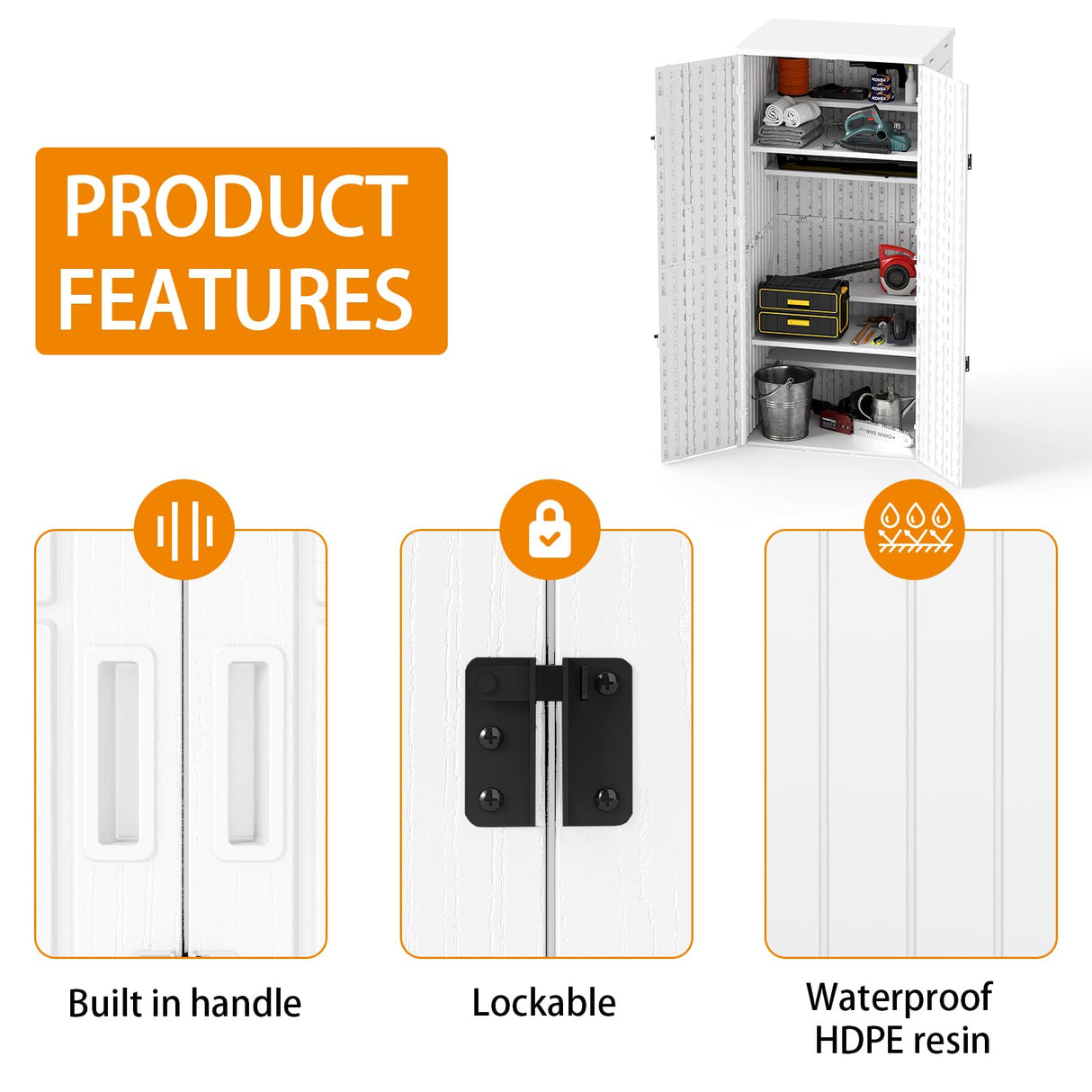 Outdoor Storage Cabinet with 4 Shelves,31.5" x 23.23" x 66.22" White Waterproof Shed,Waterproof Resin Vertical Tool Shed, Lockable 30 cu.ft. Storage Shed for Patio, Garden, Yard, White ZYJOYY