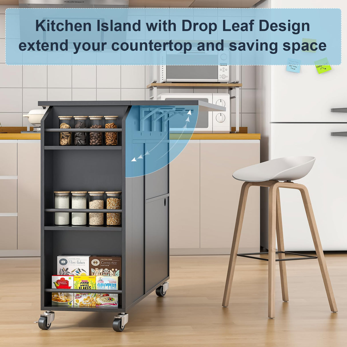 Kitchen Island with Drop Leaf, Rolling Kitchen Island with Power Outlet and Led Light Aufvolr