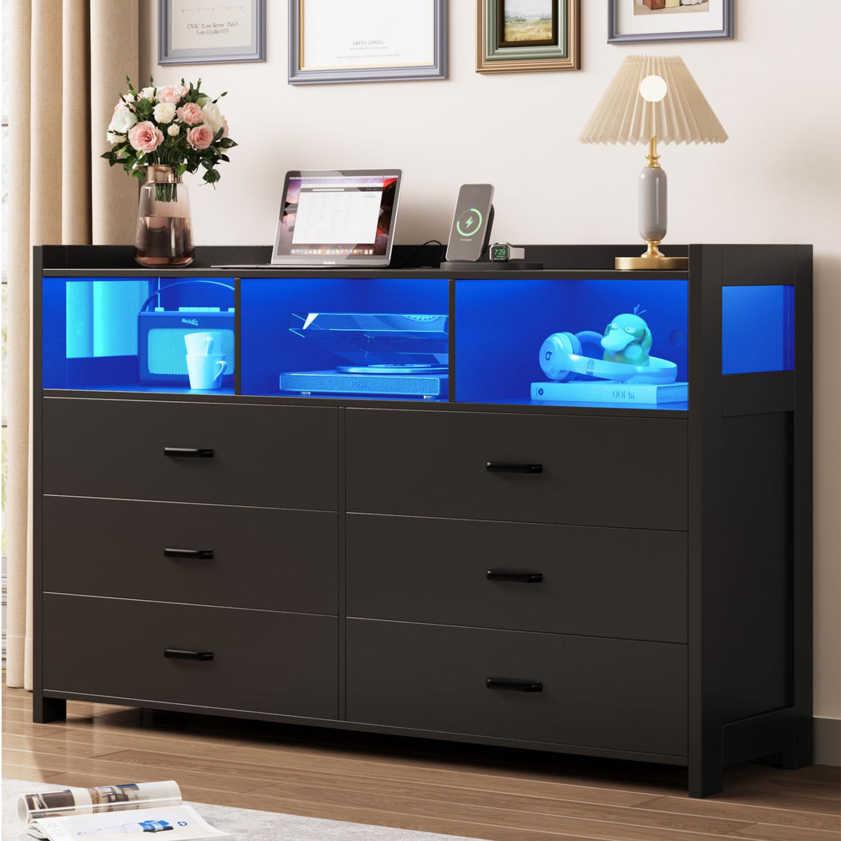 Alohappy Black Dressers for Bedroom, 6 Drawer Dressers with Lights, Wooden Dresser with Power Strip for Adults/Kids, Bedroom, Living Room, Entryway, Hallway Alohappy