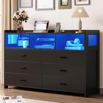 Alohappy Black Dressers for Bedroom, 6 Drawer Dressers with Lights, Wooden Dresser with Power Strip for Adults/Kids, Bedroom, Living Room, Entryway, Hallway