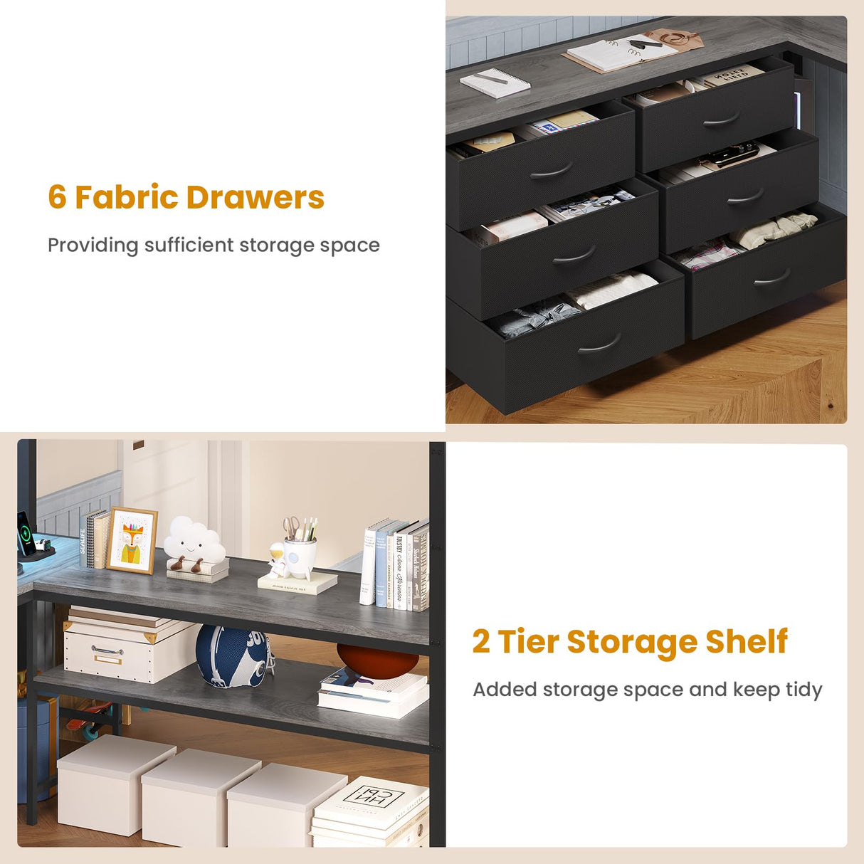 ADORNEVE Loft Bed Full Size with U-Shaped Desk, 6 Storage Drawers, Power Outlet, LED Metal Loft Bed with 2 Storage Shelves, Bed with Safety Guardrail & Ladders, No Box Spring Needed, Grey ADORNEVE