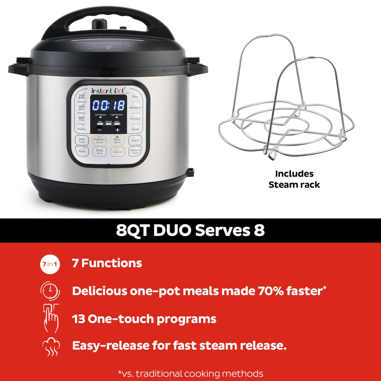 Instant Pot Duo 7-in-1 Electric Pressure Cooker, Slow Cooker, Rice Cooker, Steamer, Sauté, Yogurt Maker, Warmer & Sterilizer, Includes App With Over 800 Recipes, Stainless Steel, 8 Quart Instant Pot