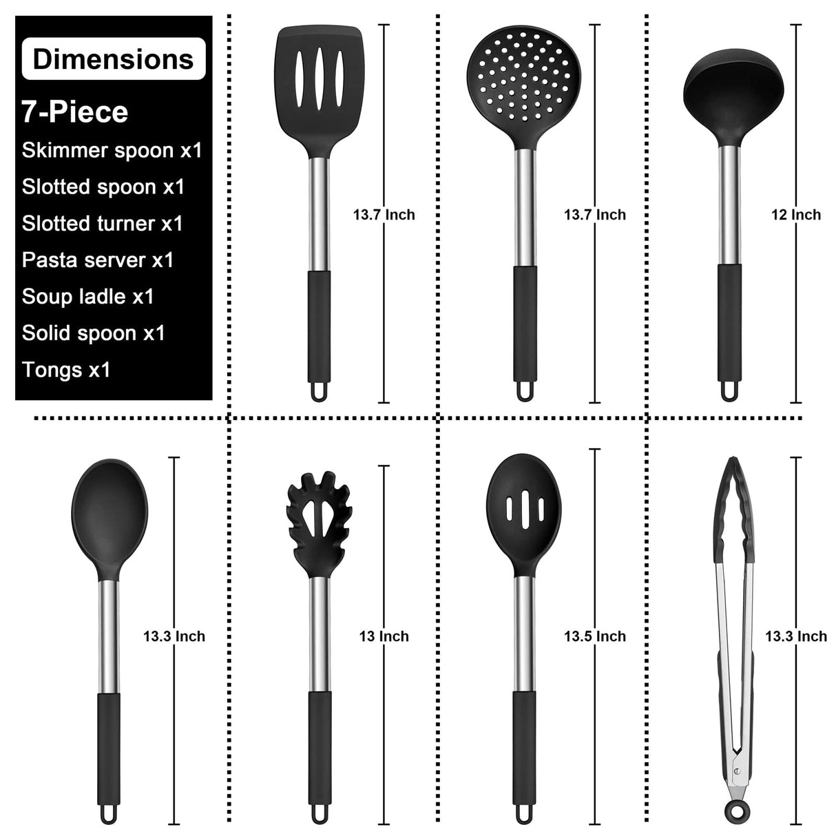 E-far Silicone Cooking Utensils Set, 7 Pcs Heat Resistant Kitchen Utensils with Stainless Steel Handle, Slotted Turner, Spoon, Soup Ladle, Pasta Server, Skimmer, Tongs for Nonstick Cookware, Black E-far