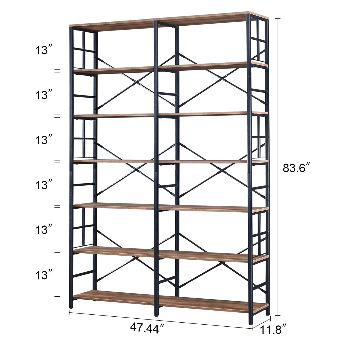 HOMISSUE 84" Industrial Double Wide 7-Tier Bookshelf in Rustic Brown HOMISSUE
