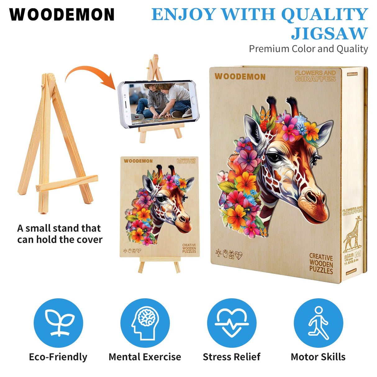 Woodemon Wooden Puzzles for Adults, Flowers and Giraffes (M-170pcs) Wooden Jigsaw Puzzles Kids, 11.6 * 9.9in Unique Shaped Animal Wood Puzzles Adults, Fathers Birthday Family Games Woodemon
