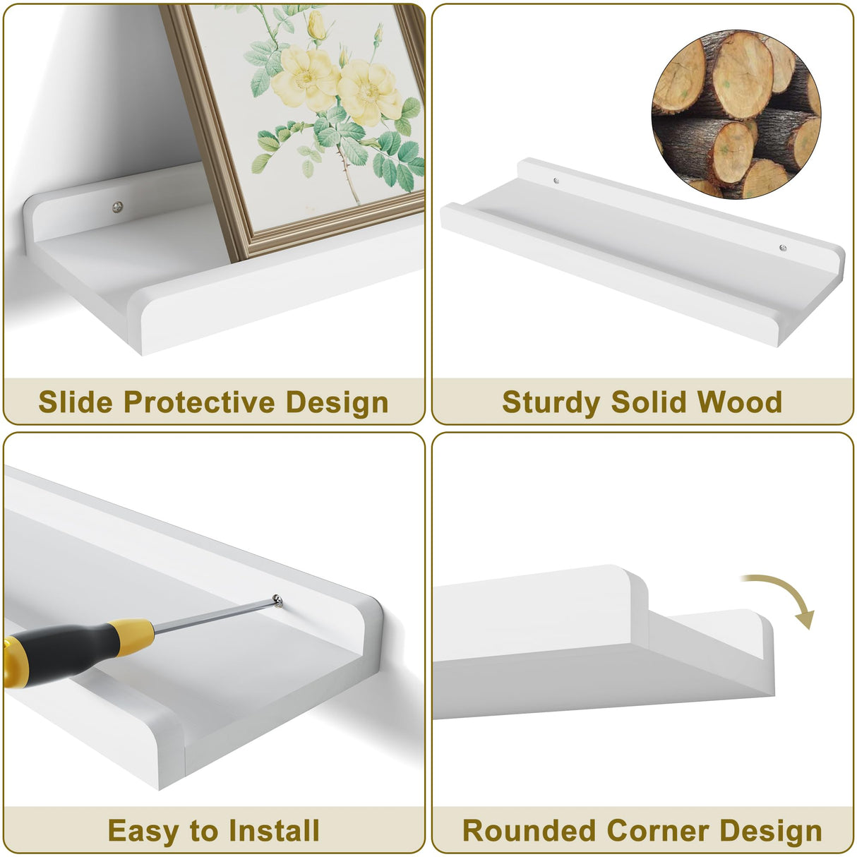 Love-KANKEI White Floating Shelves for Wall Set of 4, Wood Wall Shelves with Lip,15.6 Inch Rustic Hanging Shelves for Bedroom Bathroom Living Room Kitchen Nursery Display Love-KANKEI