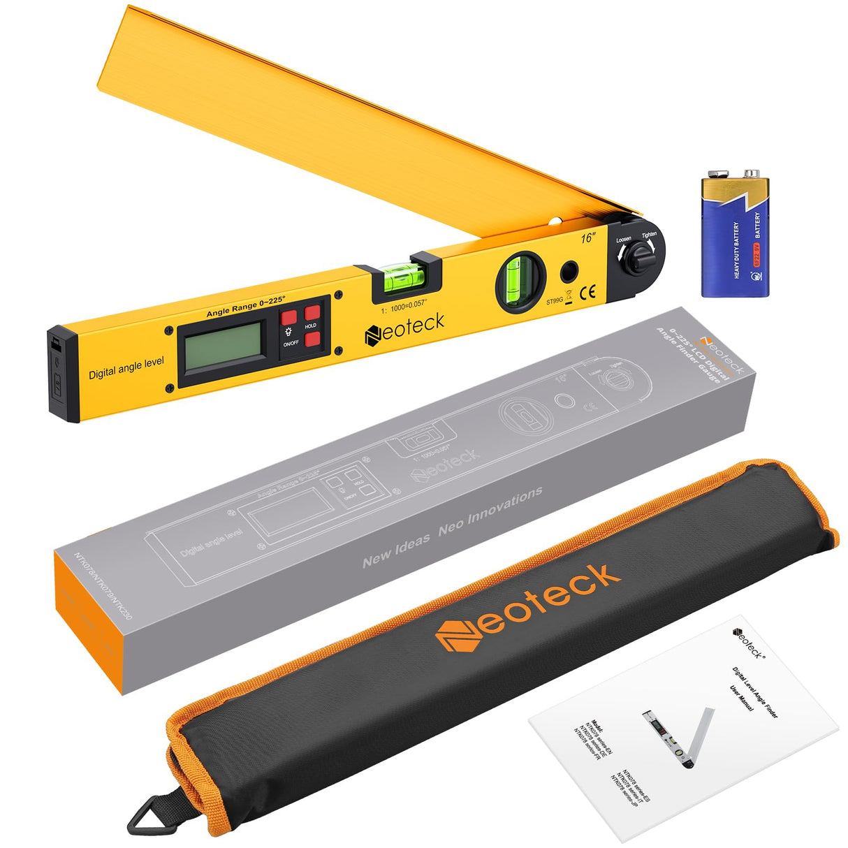 Neoteck 225° 16 inch Digital Angle Finder Aluminum Protractor with LCD Backlight Digital Angle Measuring Tool with Horizontal and Vertical Bubble for Woodworking, Construction, Machinery - Golden Neoteck