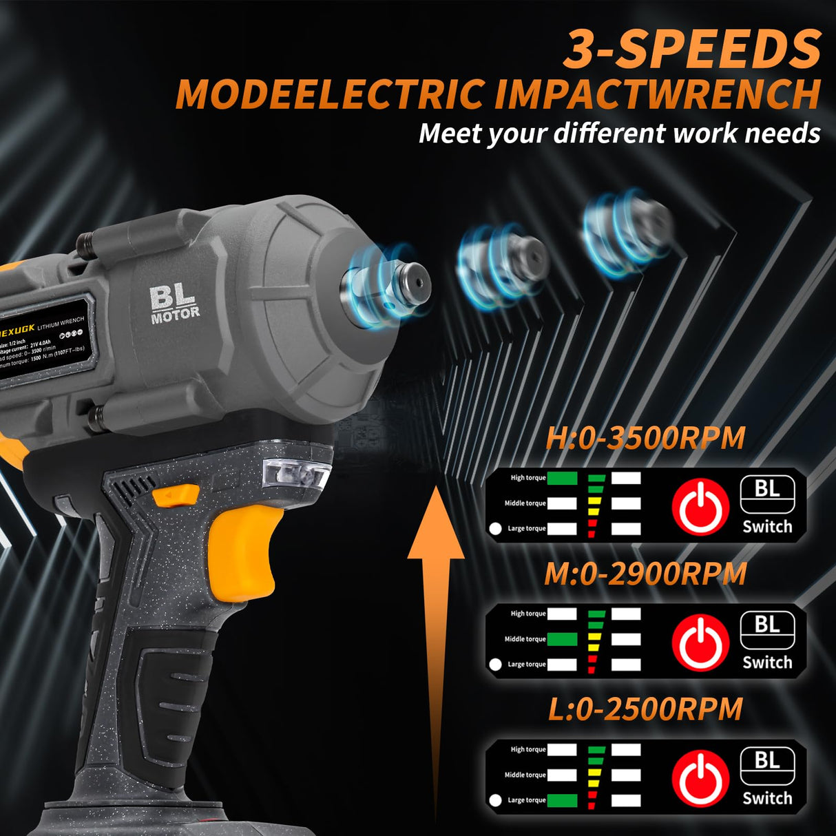 JEXUGK 1500Nm Impact Wrench, 1/2" 1107ft-lbs Cordless Impact Gun with 2 x 4.0Ah Battery, 21V High Torque Power Impact Driver with 6 Sockets,Pistola Llave De Impacto for Truck RV Car Heavy Construction JEXUGK