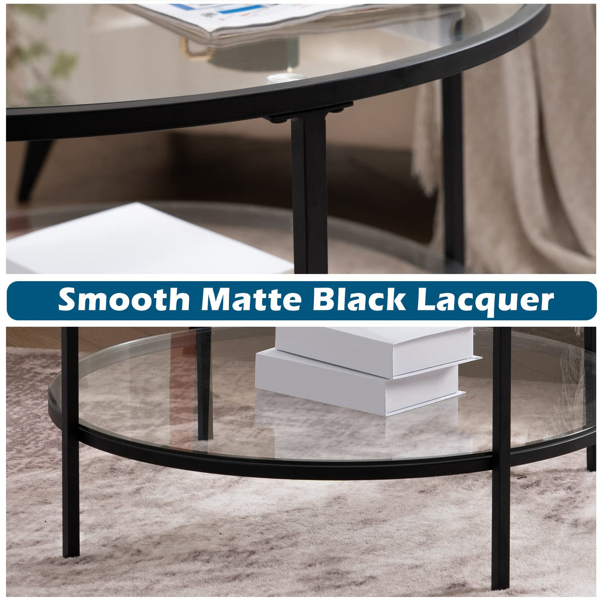 VINGLI Glass Coffee Table,30" Round Coffee Table Black Coffee Tables for Living Room, 2-Tier Clear Glass Top Side Table with Storage. Simple & Modern Center Table Mesa de Centro para Sala VINGLI