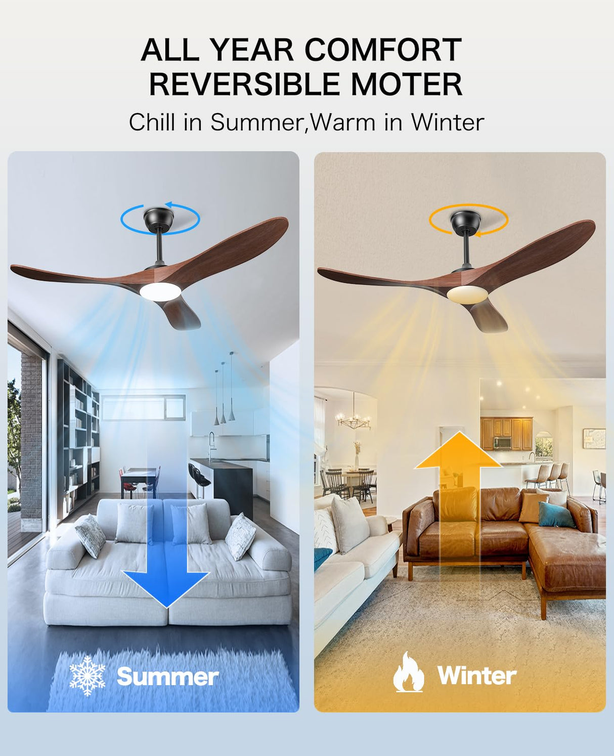 JOYEYE Ceiling Fans with Lights and Remote, 3 Solid Wood Blades, Outdoor Wooden Ceiling Fan with 2 Downrods for Patios, 52 Inch Modern Ceiling Fan with Noiseless Reversible DC Motor JOYEYE