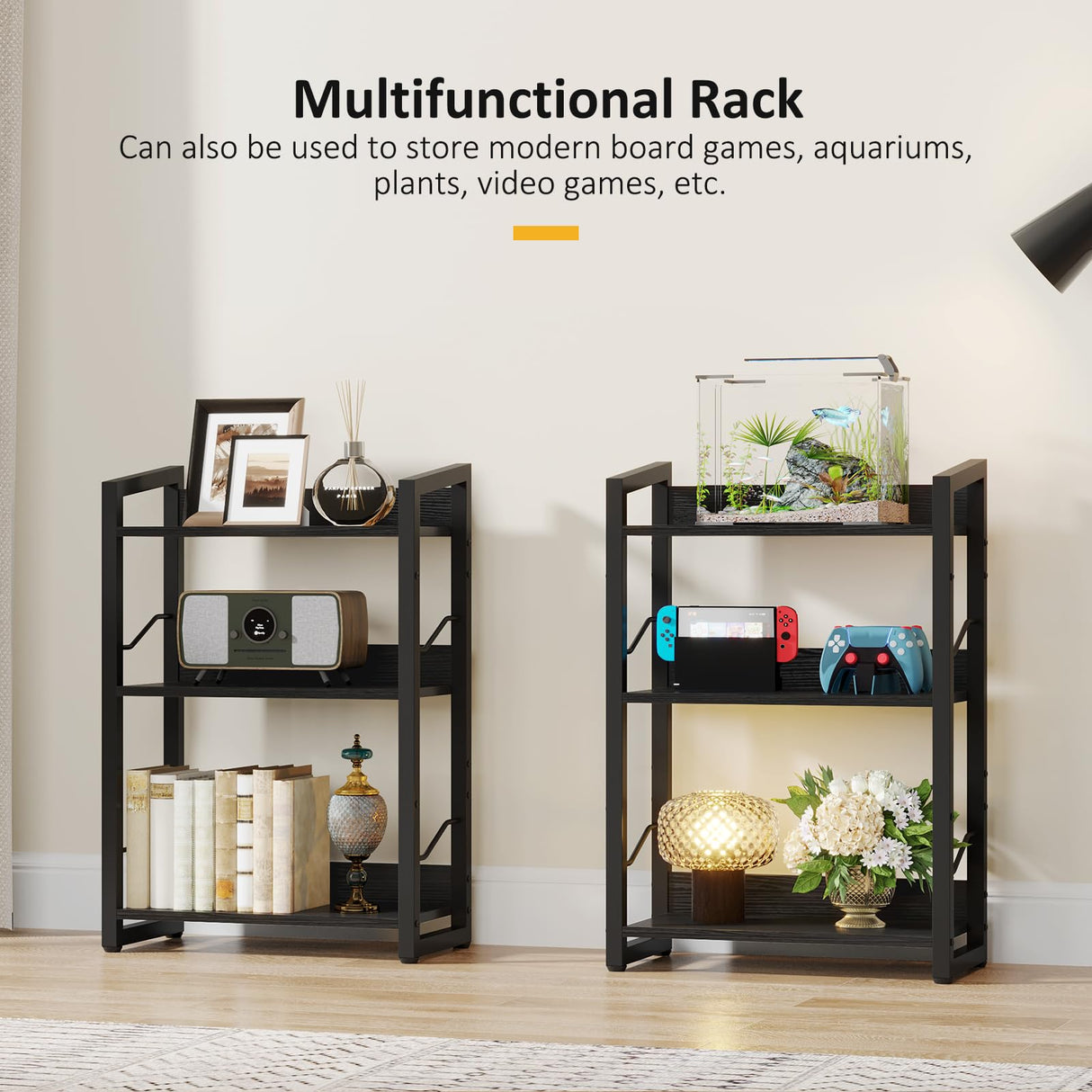 Hosfais Book Shelf Small Bookshelf - 3-Tier Wood Bookcase Industrial Bookshelf Metal Narrow Bookcase Storage Organizer Display Rack for Bedroom Living Room Home Office (Black) Hosfais