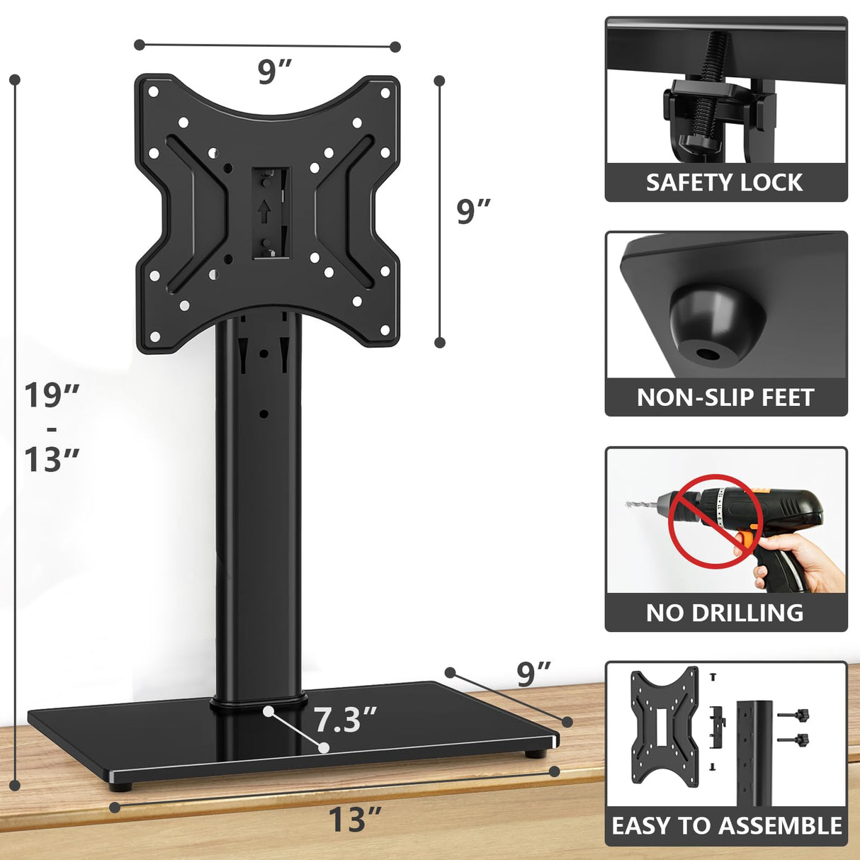 TVON Universal TV Stand Base, Swivel Table Top TV Stand for 20-43 inch TVs/Monitors with 4 Level Height Adjustment and Tempered Glass Base, Holds up to 88LBS, VESA 200x200mm TVON