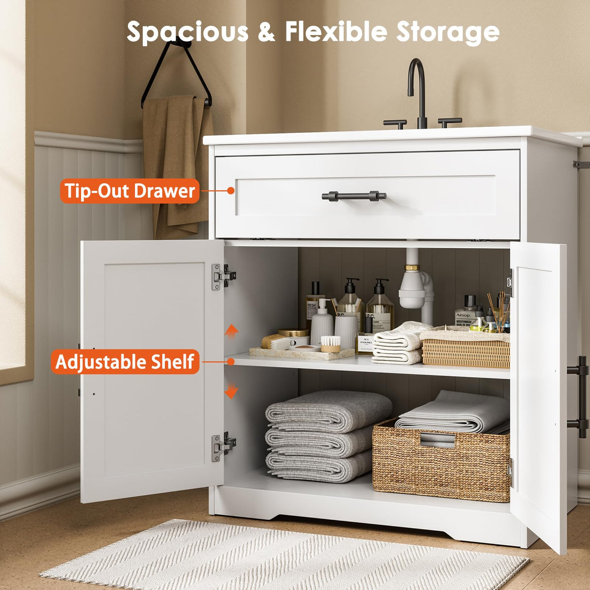 Amada 30″ Bathroom Vanity with Ceramic Sink, Farmhouse Undermount Vanity Sink Cabinet with 2 Doors and 1 Drawer, Free Standing Bathroom Storage Cabinet with Sink Combo Set, White AMADA HOMEFURNISHING