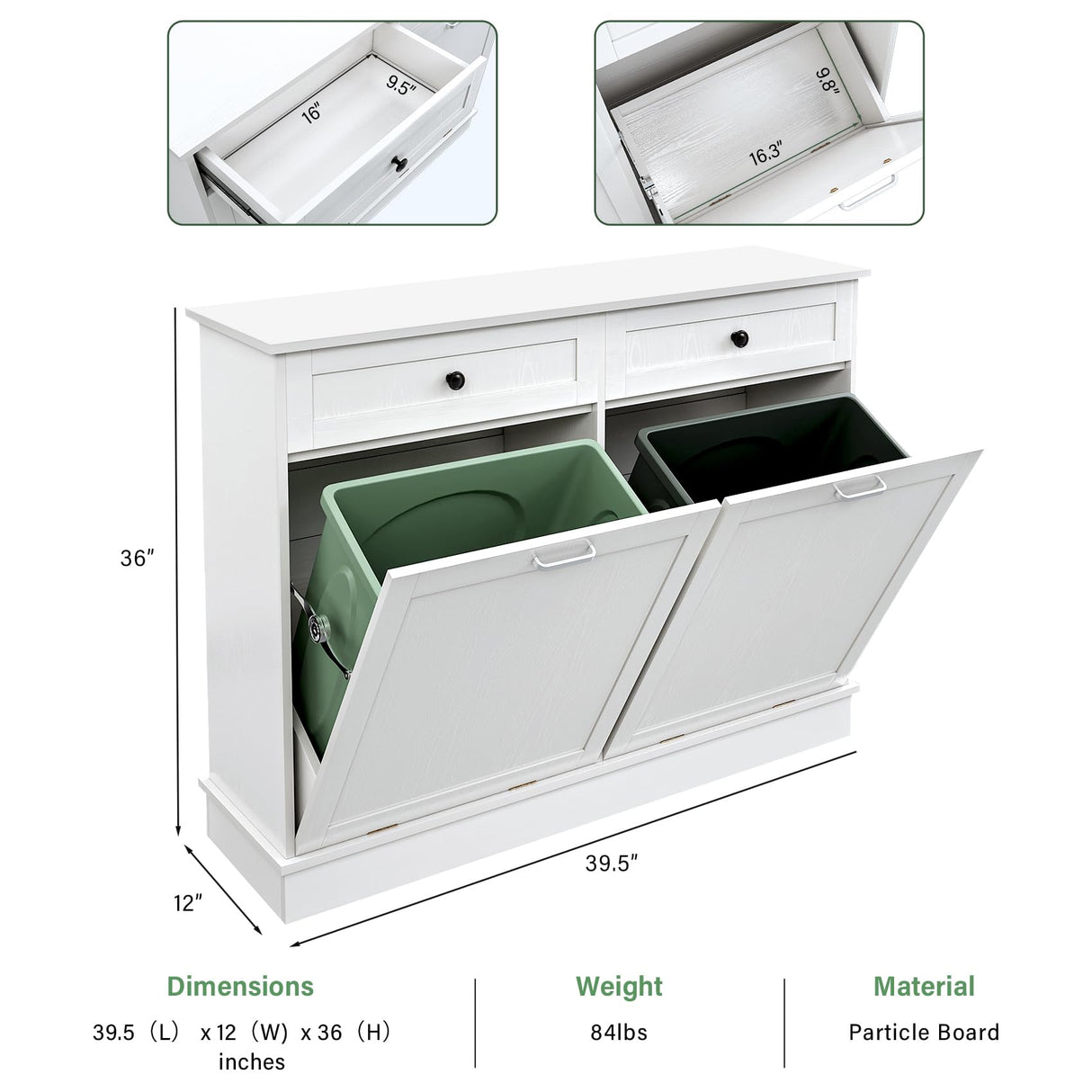 TC-HOMENY Double Tilt Out Trash Cabinet with Drawer, 20 Gallon Trash Cabinet Manual and Auto Mode Shutdown, Recycling Free Standing Trash Cabinet Fit for Kitchen, Living Room TC-HOMENY