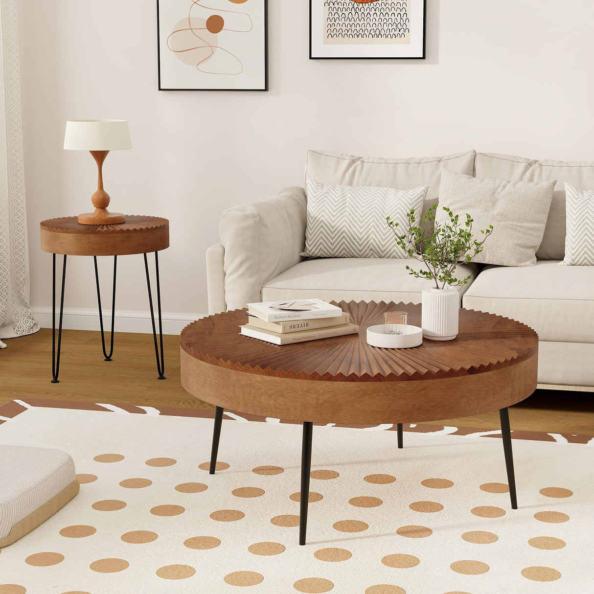 COSTWAY Farmhouse Round Coffee Table Set of 2, Rustic Sofa Side Tea Tables w/Wood Finish, Metal Frame, Adjustable Foot Pads, Nesting End Table Set for Living Room, Bedroom (Radial Pattern, Brown) COSTWAY