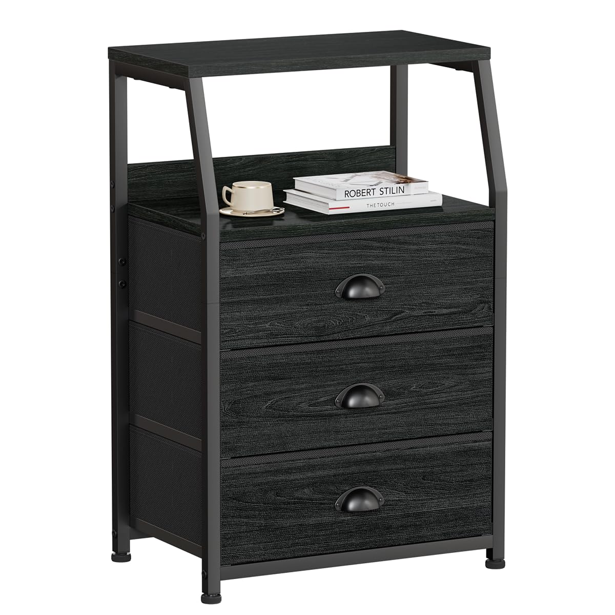 Furnulem Black Night Stand, Small Dresser for Bedroom, Nightstand with 3 Fabric Storage Drawers and 2-Tier Shelf, End Table Side Furniture for Closet, Hallway, Nursery, Sturdy Steel Frame, Wood Top Furnulem